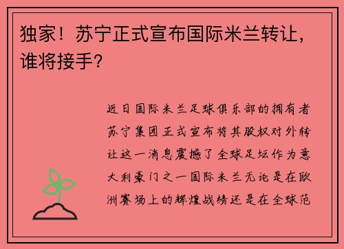 独家！苏宁正式宣布国际米兰转让，谁将接手？